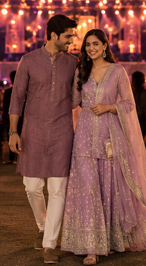 A couple in mauve Indian wear