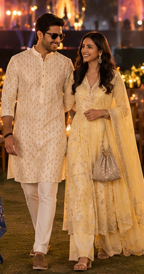 A couple in pale yellow and ivory Indian wear